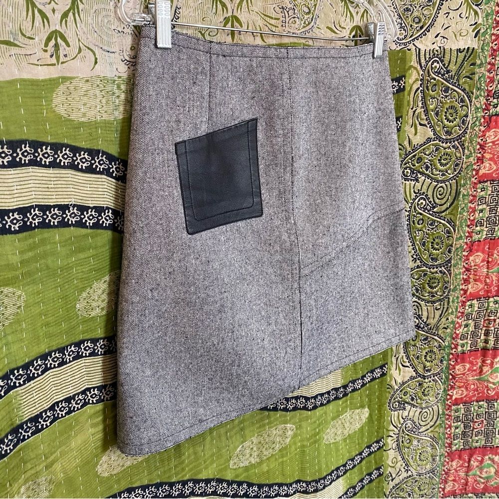 Sandro Gray Wool Blend A-Line Leather Pocket Mini Skirt Size 8 - Picture 8 of 16